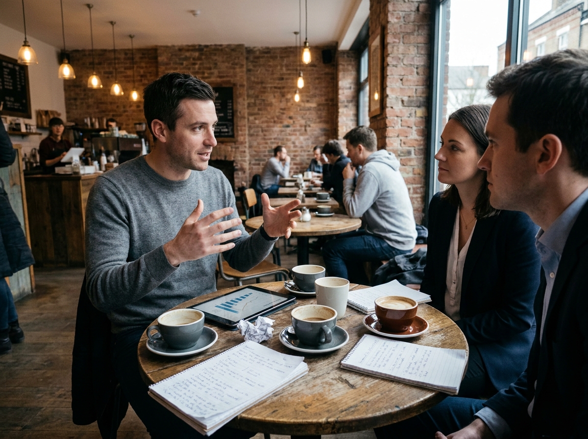 Un entrepreneur discute de stratégie de fidélisation avec ses clients autour d'un café dans un espace de travail informel, symbolisant l'engagement client face à la concurrence