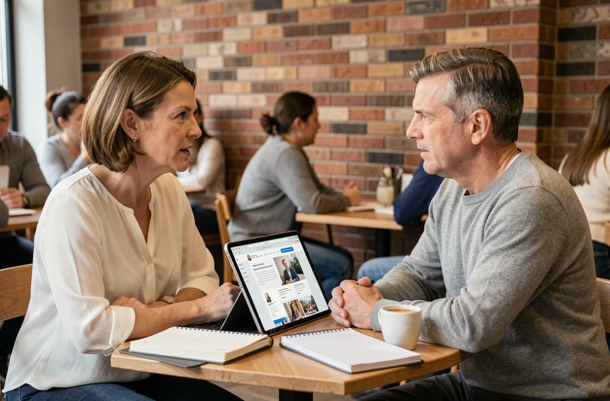 Réunion entre un entrepreneur local et un conseiller web dans un café, discutant du partenariat avec une agence digitale pour développer la présence en ligne d'une TPE