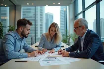 Trois professionnels discutent autour d'une table en r&eacute;union d'affaires