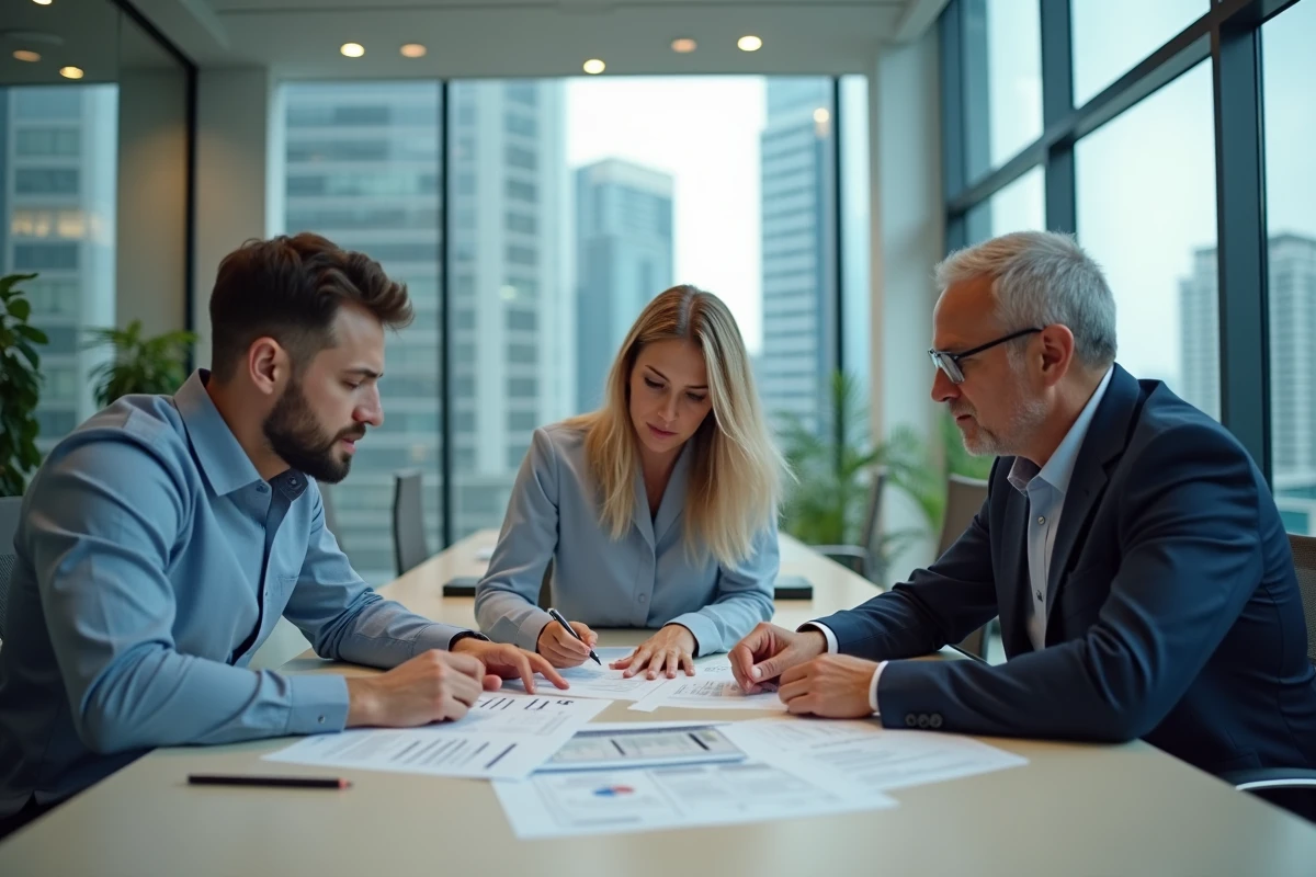 Trois professionnels discutent autour d'une table en réunion d'affaires