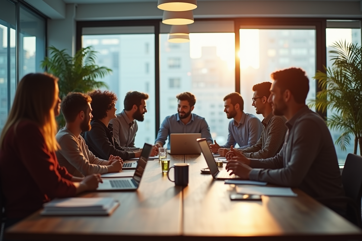 Groupe de collègues en réunion dans un bureau lumineux