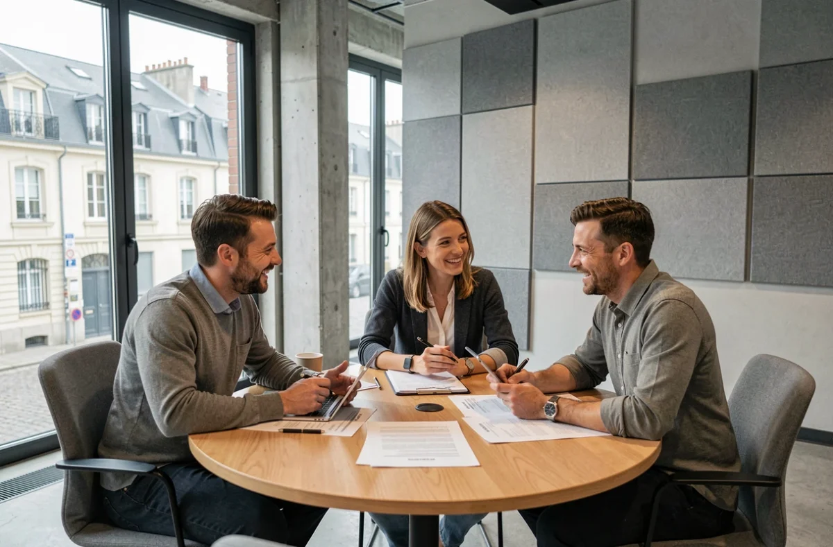 Équipe de professionnels en réunion collaborative dans un espace de coworking moderne à Saint-Brieuc