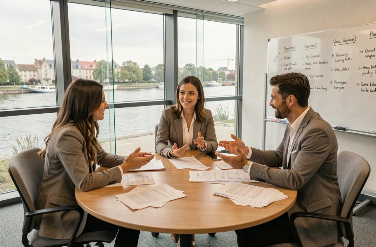 Équipe de professionnels en réunion pour choisir une société de portage salarial fiable à Nantes
