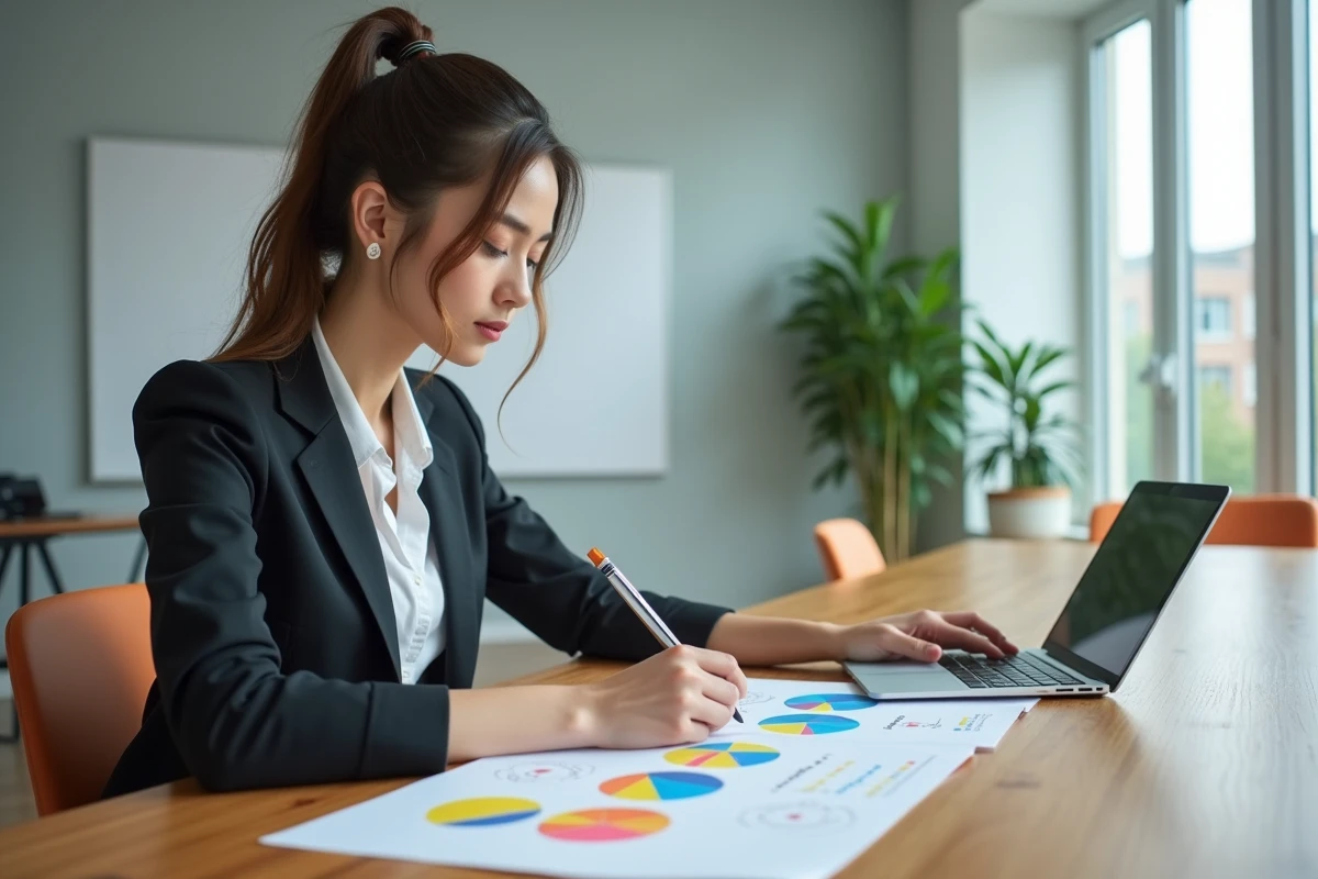 Jeune femme en r&eacute;union analysant une carte mentale color&eacute;e