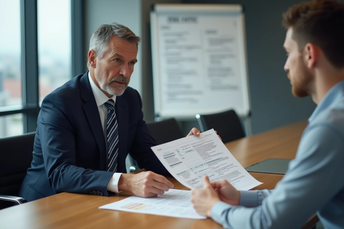 Responsable RH et employé en réunion autour d'un document contractuel expliquant la différence entre jours ouvrés et jours ouvrables lors d'un licenciement