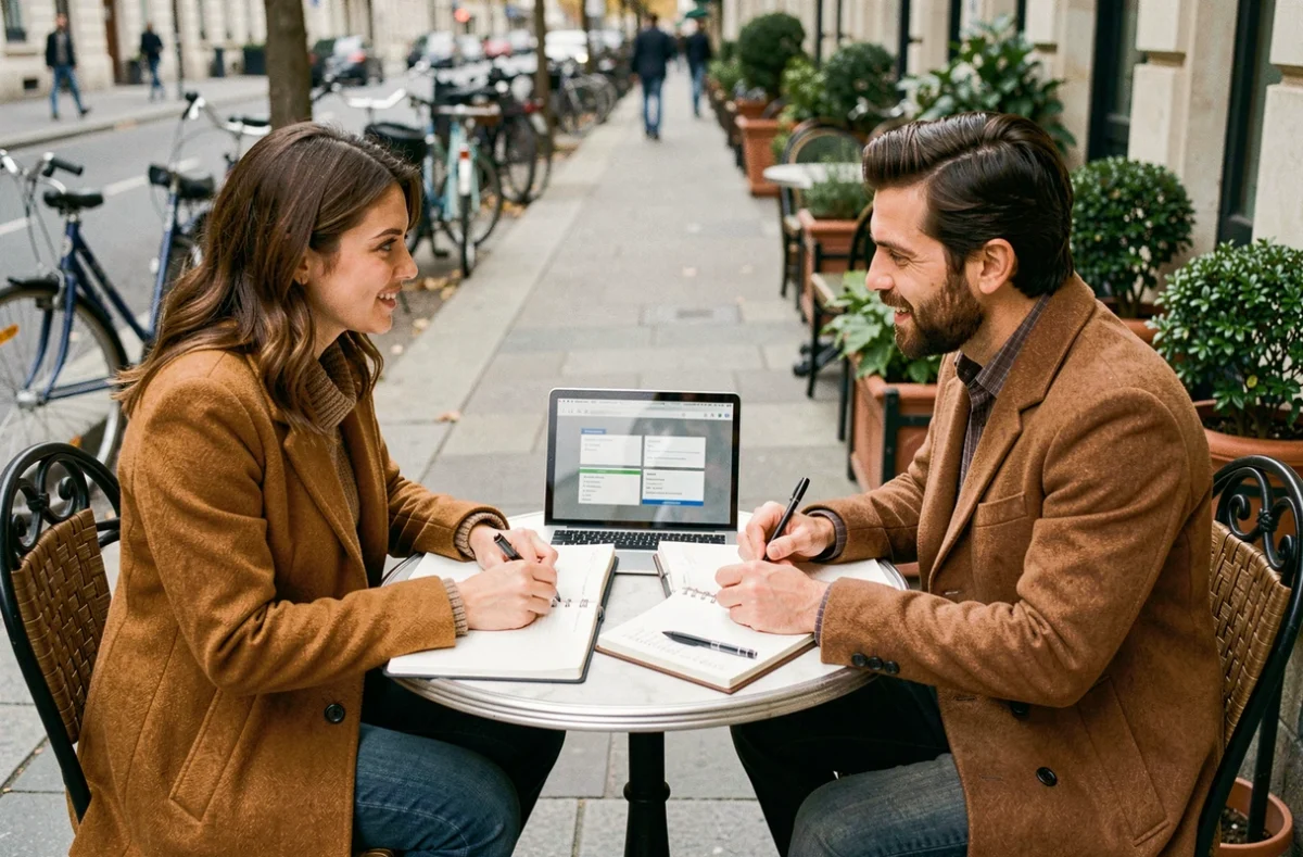 Deux professionnels discutant d'une stratégie de monétisation de conseils en terrasse de café à Paris