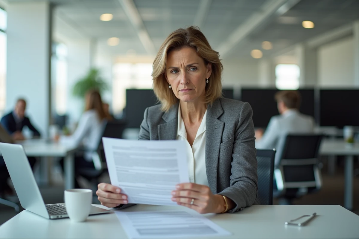 Responsable RH analysant un dossier d'absence salarié dans un bureau d'entreprise moderne