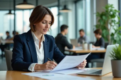 Salariée en open space consultant des documents liés aux avantages du CSE Arval dans une entreprise moderne