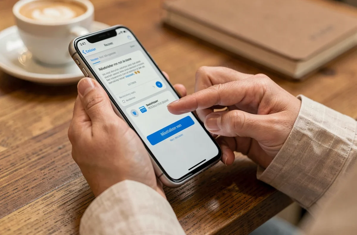 Mains tenant un smartphone affichant un email de récupération de mot de passe pour un compte RH