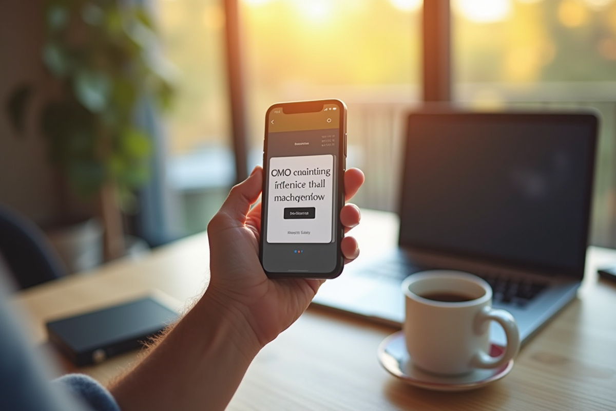 Main tenant un smartphone avec email promotionnel dans un espace cosy