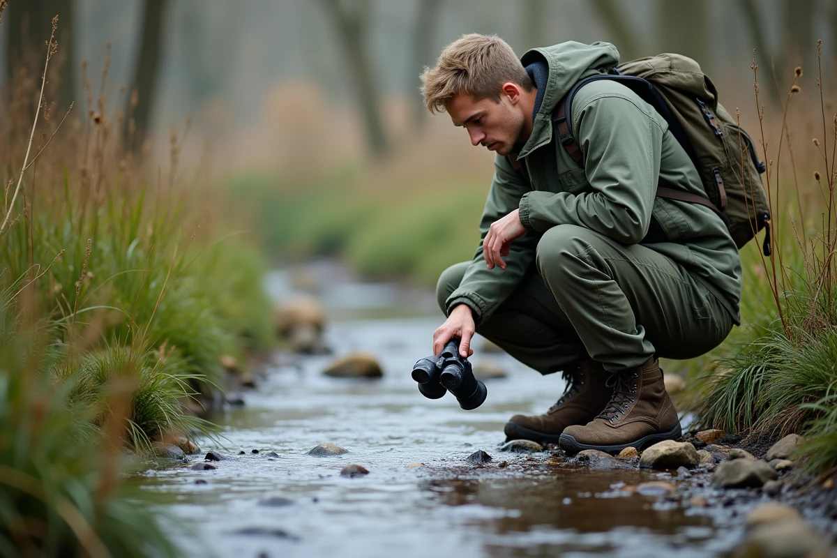 Jeune homme en formation naturaliste observant la végétation aquatique au bord d'un ruisseau, stage de terrain pour décrocher un premier emploi dans la nature