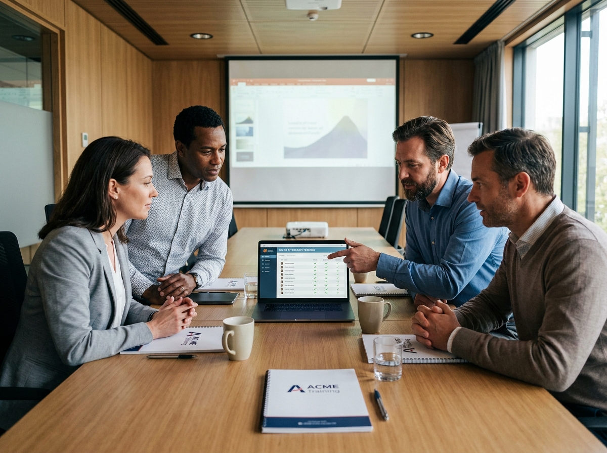 Groupe de participants à une formation professionnelle consultant une feuille de présence en ligne sur ordinateur