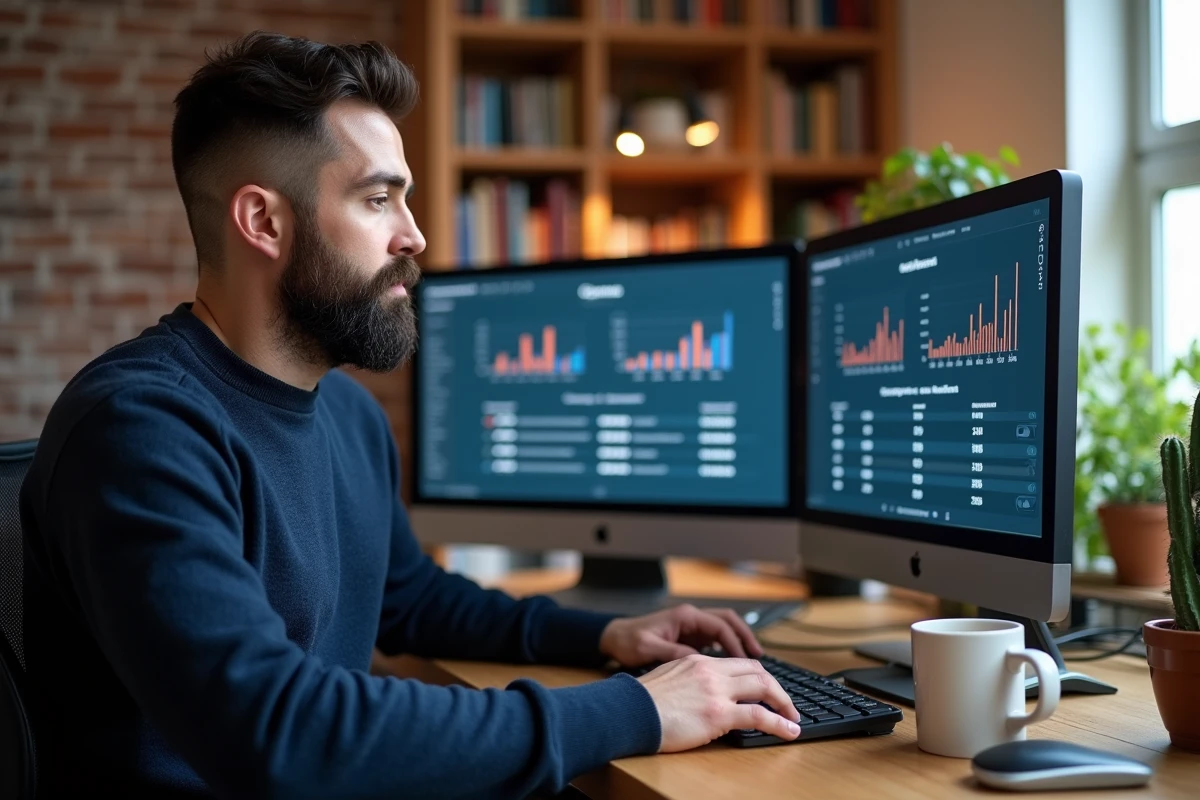 Homme en télétravail comparant des abonnements et tarifs d'outils d'intelligence artificielle sur deux écrans