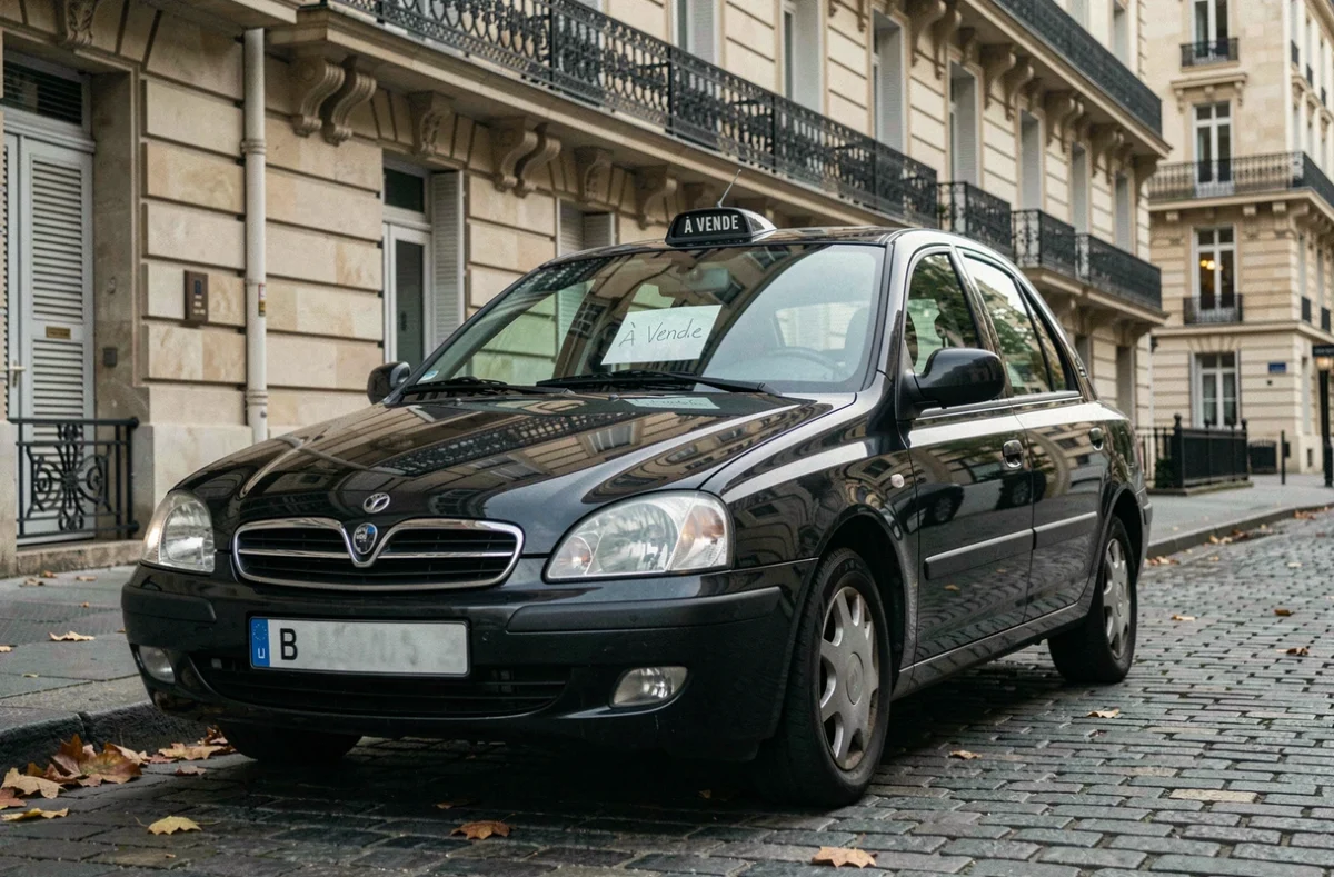 Taxi parisien d'occasion à vendre garé dans une rue typique de Paris avec panneau À Vendre