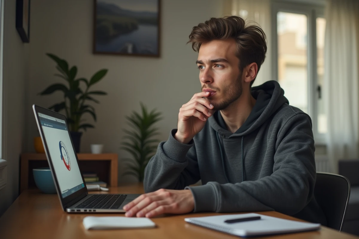 Jeune homme concentré passant un test d'aptitude en ligne depuis son bureau à domicile avec un ordinateur portable