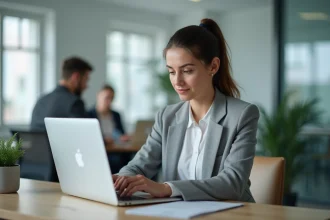 Femme en blazer gris passant un test de recrutement en ligne sur un ordinateur portable dans un bureau moderne