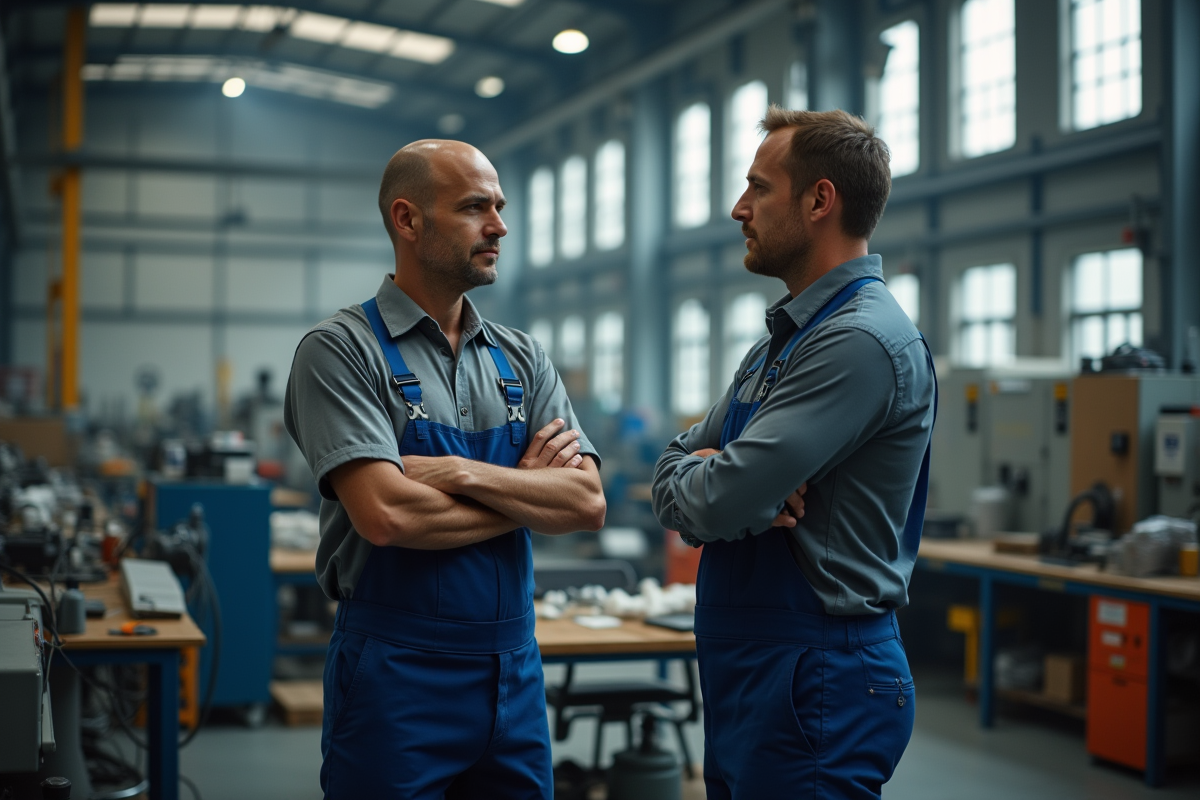 Employé en usine discutant fermement avec un superviseur