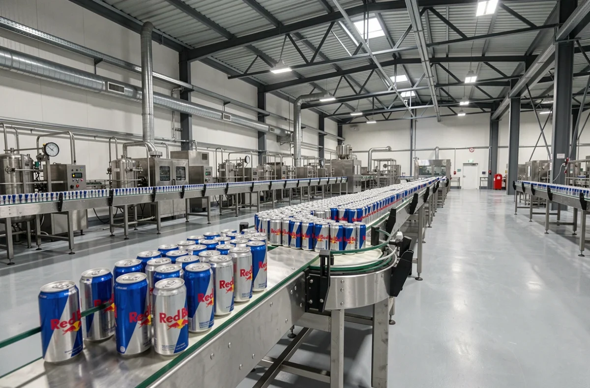 Ligne de production en usine avec des canettes Red Bull sur un tapis roulant industriel