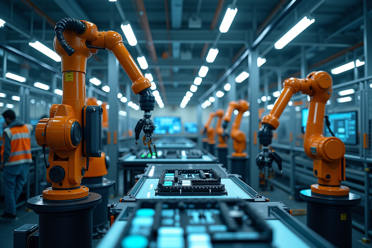 Usine automatisée avec robots et ingénieurs en sécurité