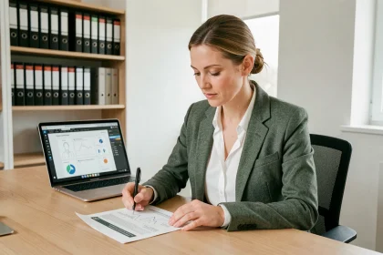 Femme consultant des directives d'utilisation de logo dans un bureau moderne, illustrant les règles de droit d'auteur pour les marques