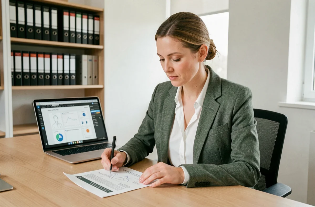 Femme consultant des directives d'utilisation de logo dans un bureau moderne, illustrant les règles de droit d'auteur pour les marques